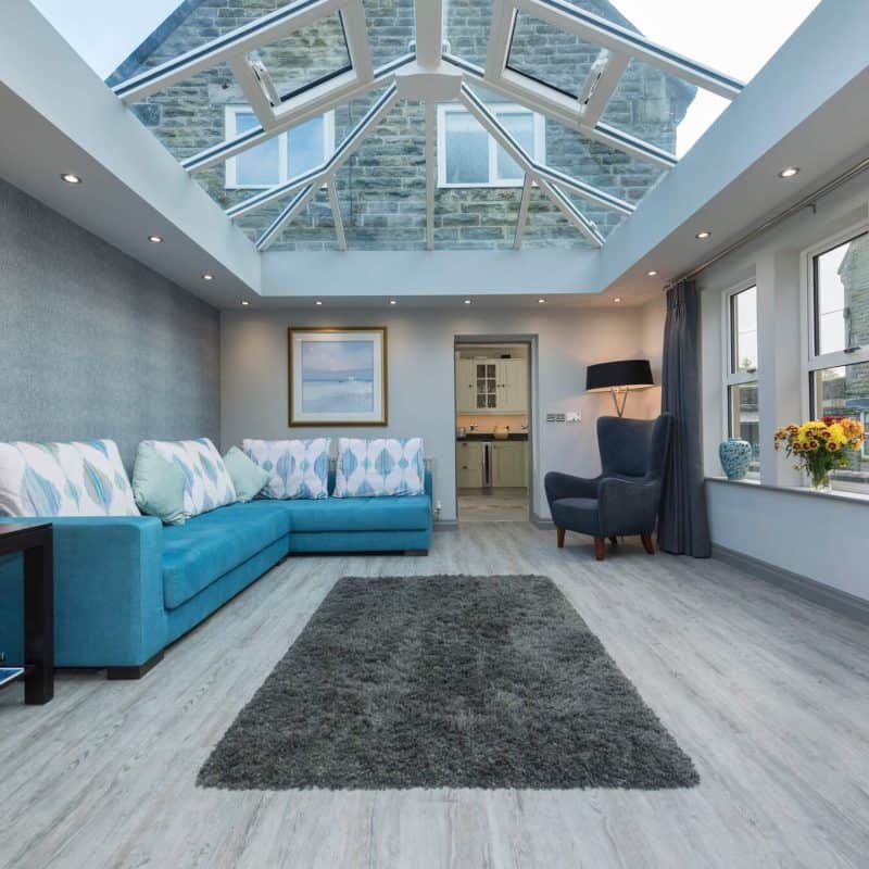 Interior of an orangery with a glass roof