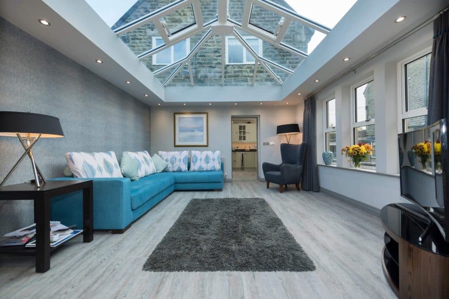 Interior of an orangery with a glass roof